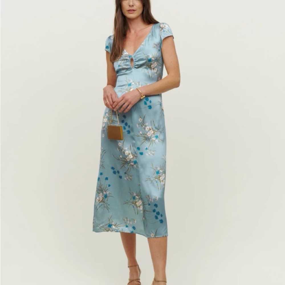 Reformation Light Blue Floral Scottie Midi Dress in Lago